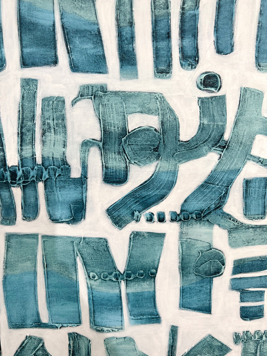 A detail shot of an abstract painting of azure cuneiform forms.