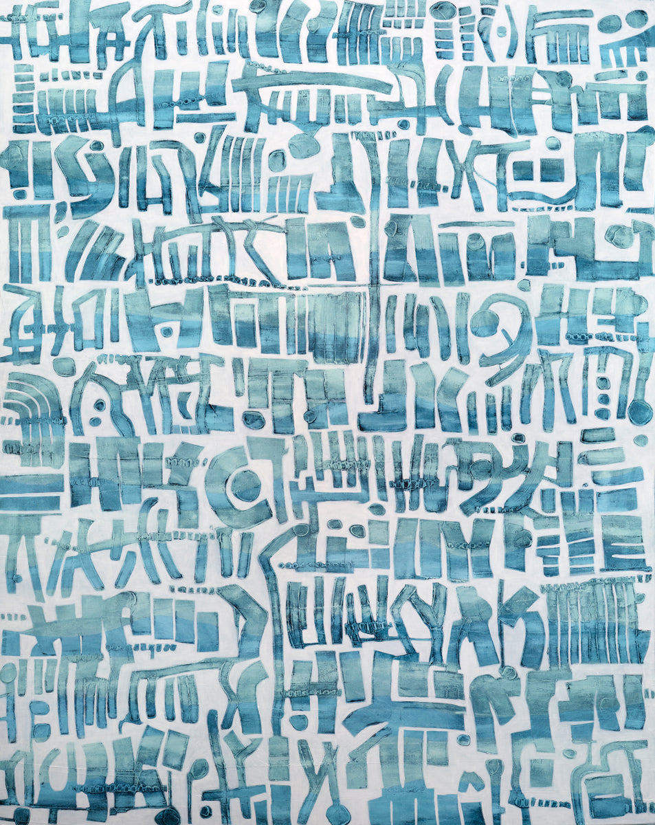 An abstract painting of azure cuneiform forms. Wired and ready to hang. 