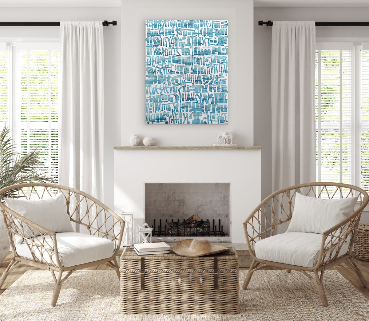 An abstract painting of azure cuneiform forms hangs above the mantle.