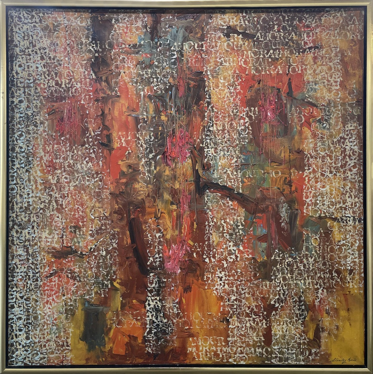 A brown, white and red abstract painting by Stanley Bate in a warm silver frame.