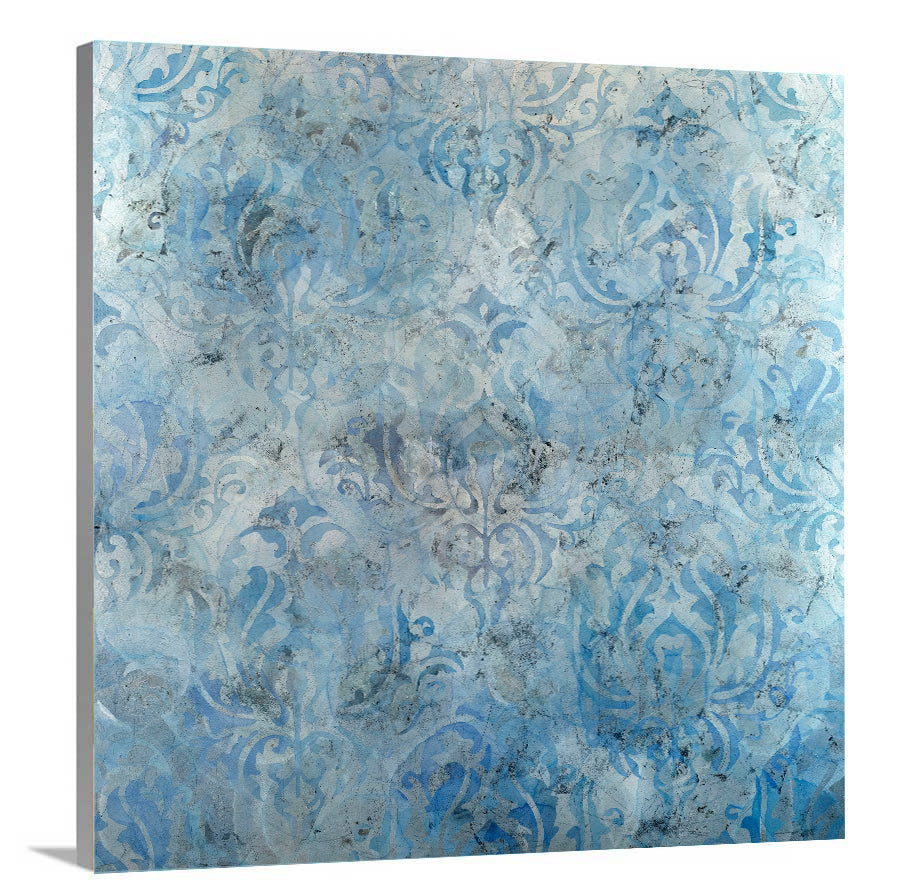 A side-angle view of a dark blue, light blue and silver abstract print on canvas.