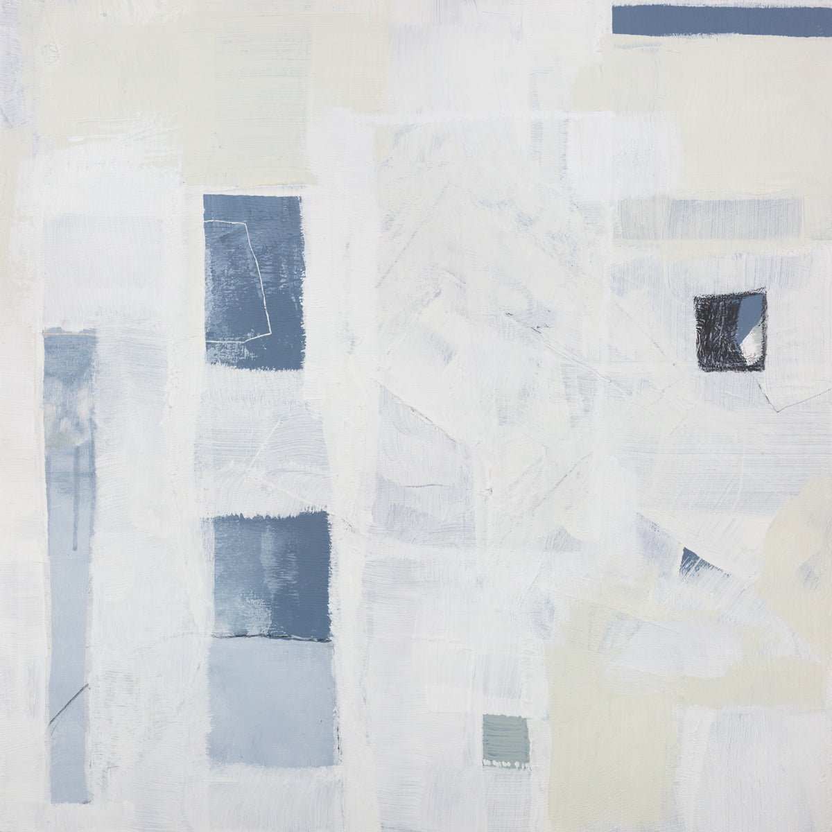A white, pale yellow and slate blue abstract print by Sue De Chiara.