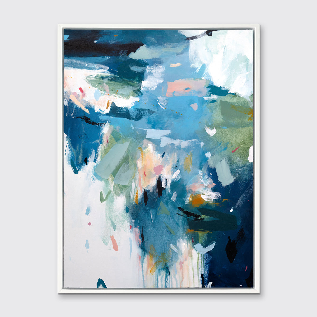 A blue abstract print in a white floater frame hangs on a white wall.