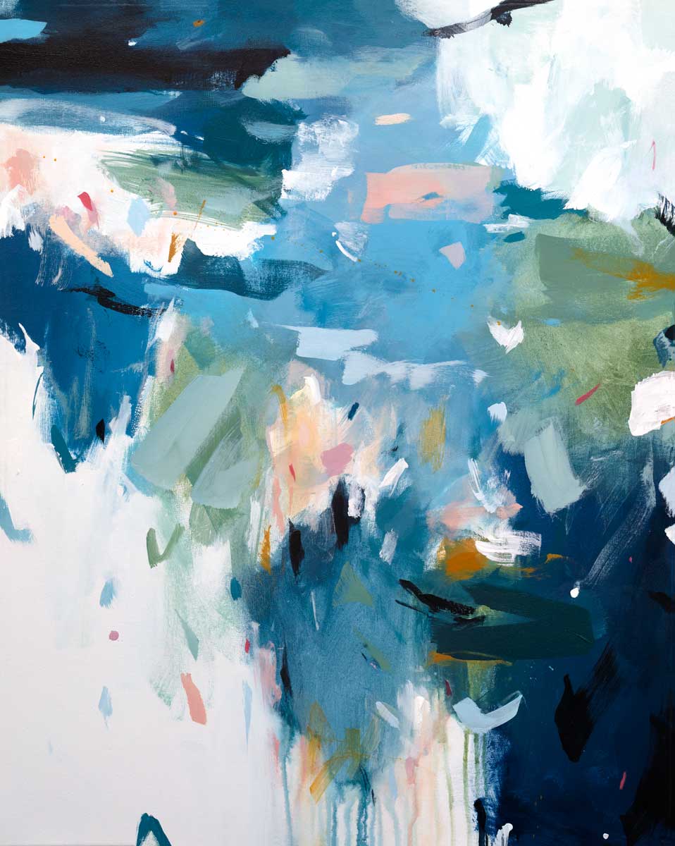 A blue abstract print with green and white accents by Kelly Rossetti.