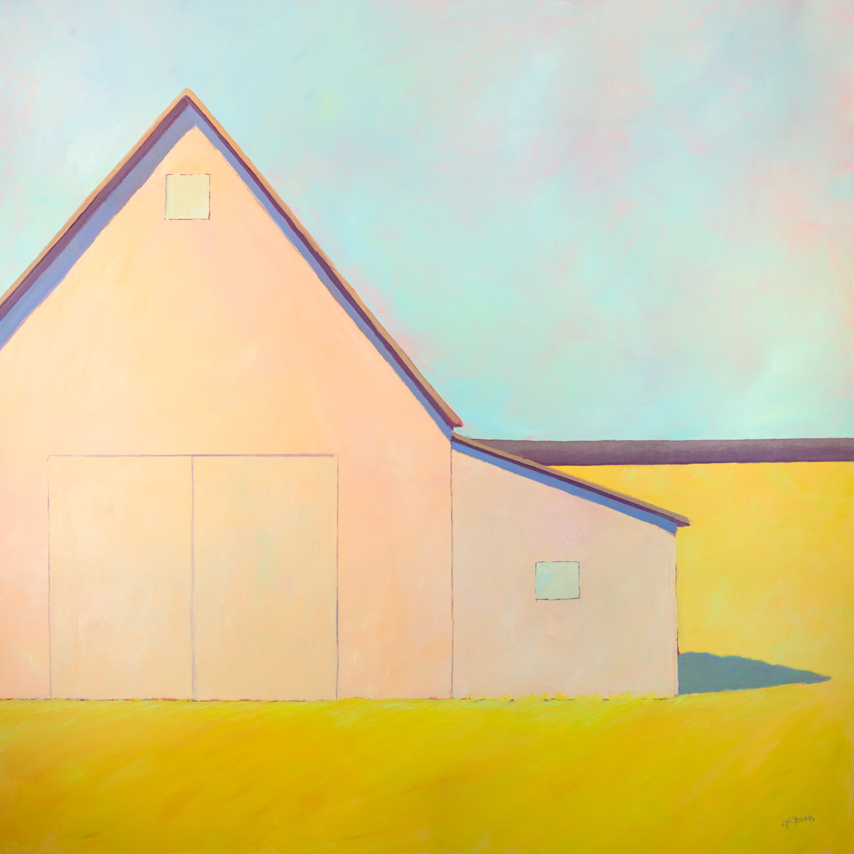 A light blue, coral and deep yellow landscape print of a barn by Carol Young.