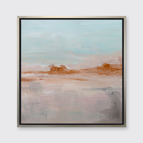 A teal, copper and dusty pink abstract print in a silver floater frame hangs on a white wall.