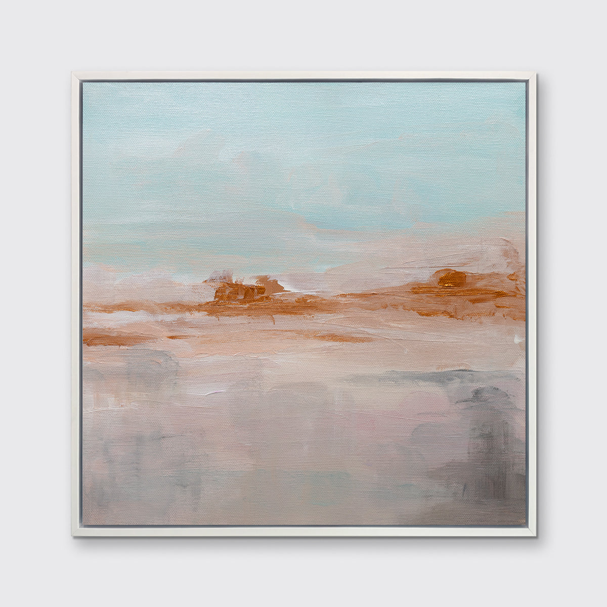 A teal, copper and dusty pink abstract print in a white floater frame hangs on a white wall.