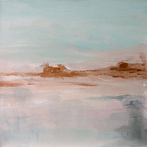 An abstract painting of a pink landscape with a golden horizon and light blue sky.