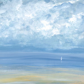 A light blue, white, light yellow and beige abstract seascape painting with a sailboat by S. Cora Aldo.