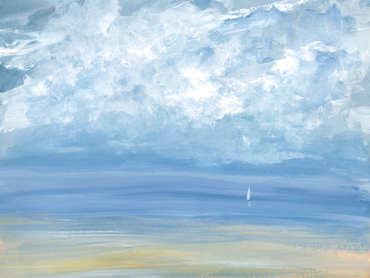 A white, blue and beige abstract seascape print by S. Cora Aldo.