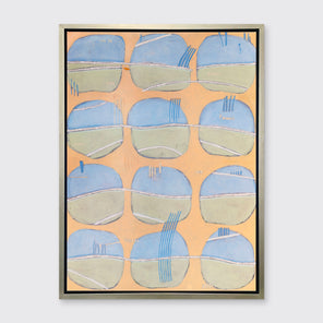 A orange, blue, green and white abstract print in a silver floater frame hangs on a white wall.