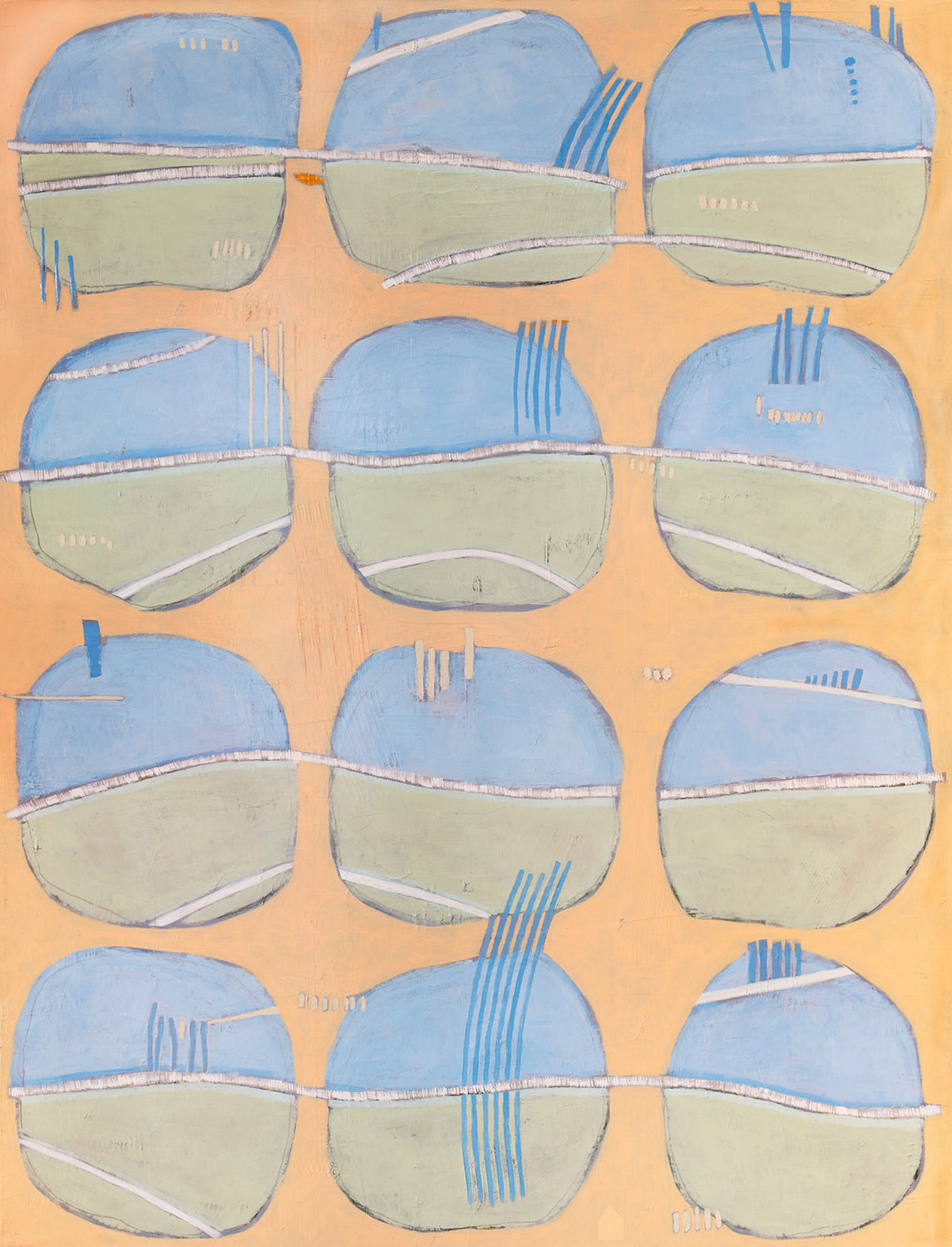 A orange, blue, green and white abstract print by Sofie Swann.