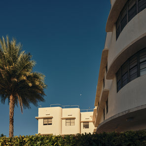 A photograph of a building and palm tree in Miami at sunset, with the moon visible above the building. 