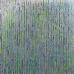 A painting with purple and green undertones is striated with silver lines. The painting is suggestive of tall grass. This is wired and ready to hang.