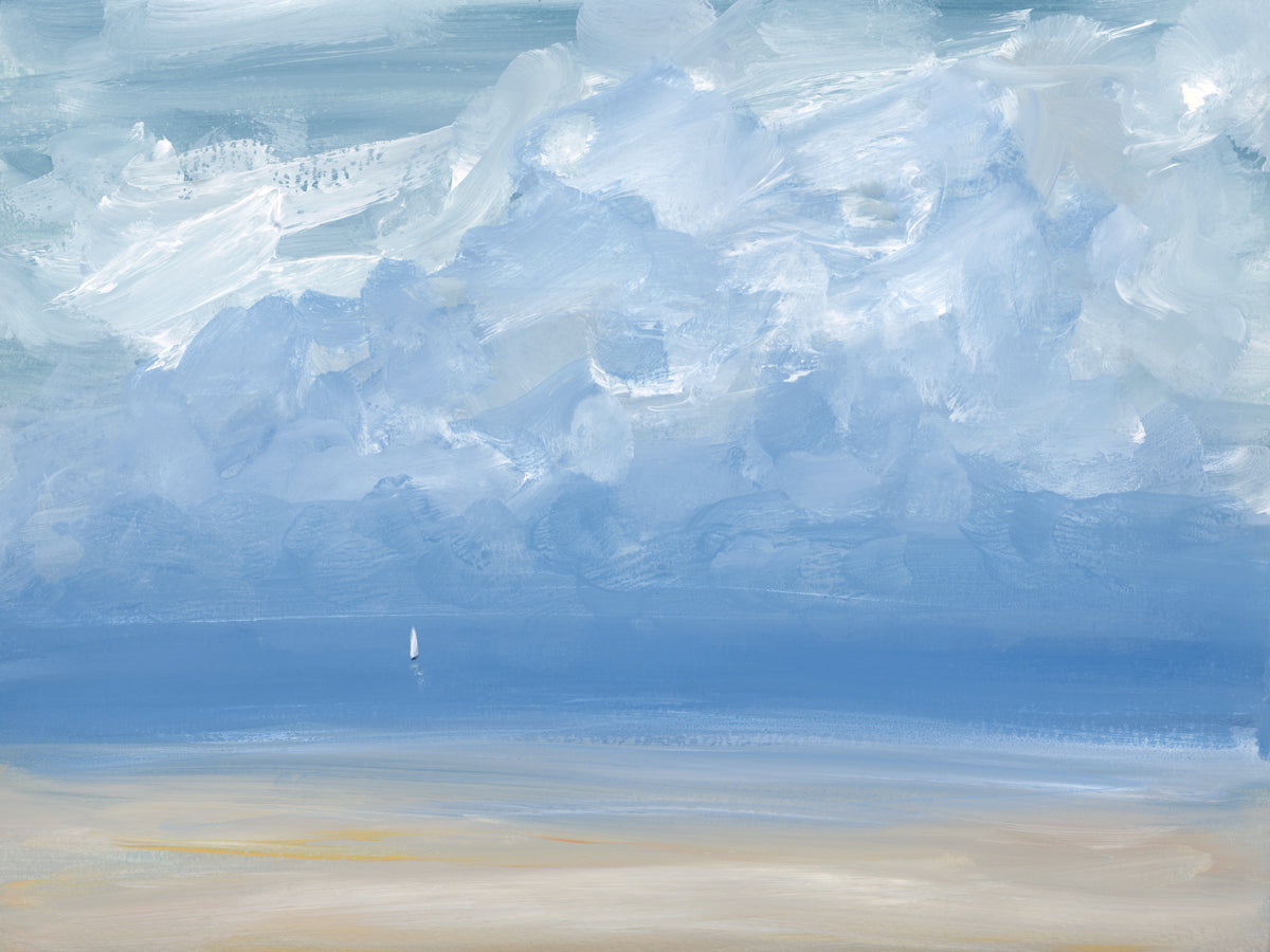 A light blue, white and beige abstract seascape painting with a sailboat by S. Cora Aldo.