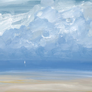 A light blue, white and beige abstract seascape painting with a sailboat by S. Cora Aldo.
