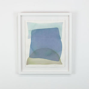 A watercolor of light azure, blue, and yellow forms overlapping is hung on a gallery wall. Wired and ready to hang.