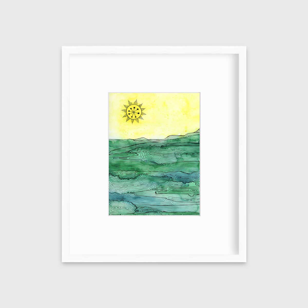 A green and yellow abstract landscape framed in a white frame with a mat hangs on a white wall.