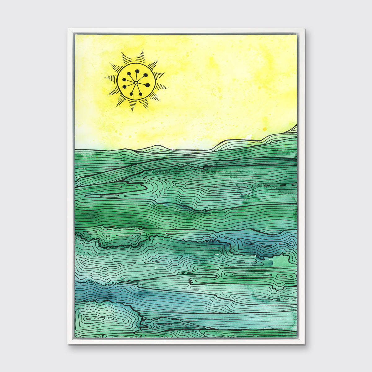 A yellow and green abstract landscape print hangs in a white floater frame on a light grey wall.