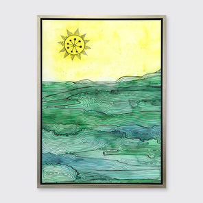 A green and yellow abstract landscape framed in a silver floater frame hangs on a light grey wall.