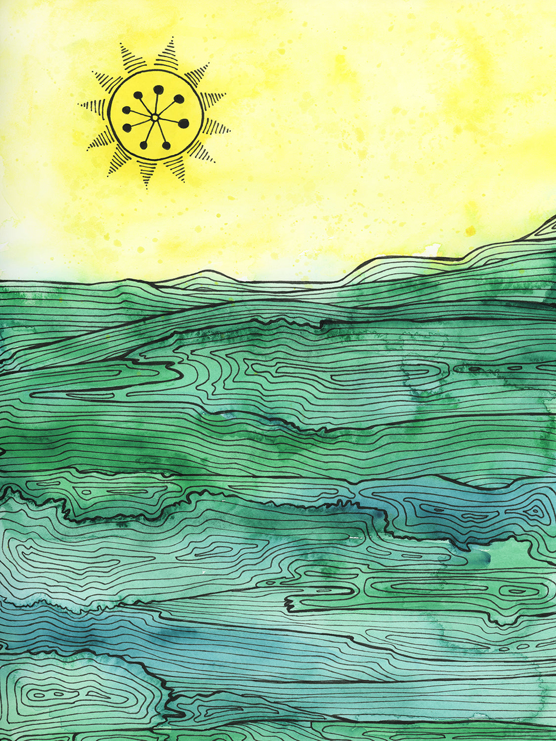 A green and yellow abstract landscape print by Melissa Kircher.