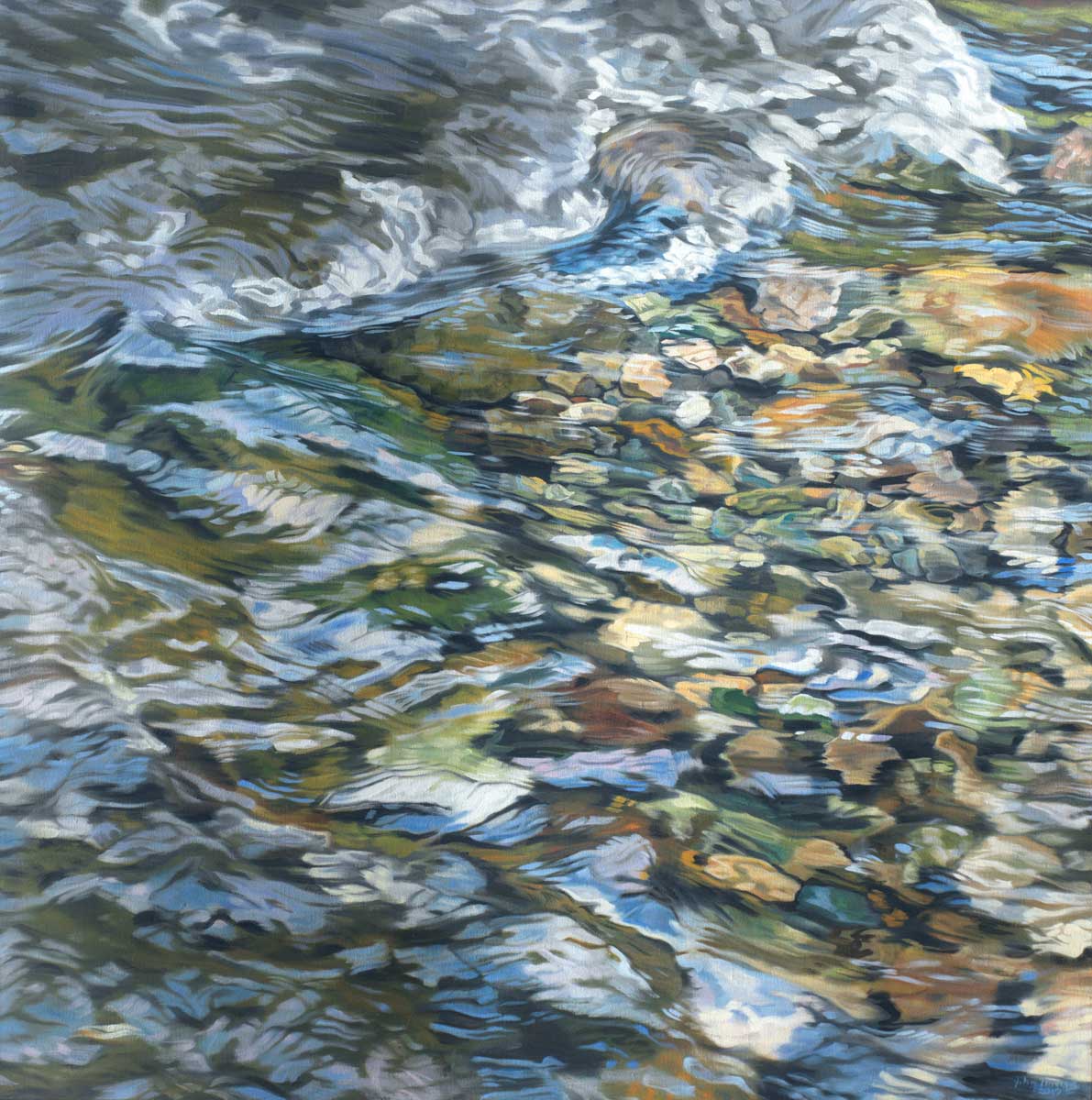 A neutral toned abstracted print of river rocks under water.