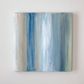 A blue, white, green and tan streaked painting hangs on a wall. Wired and ready to hang.