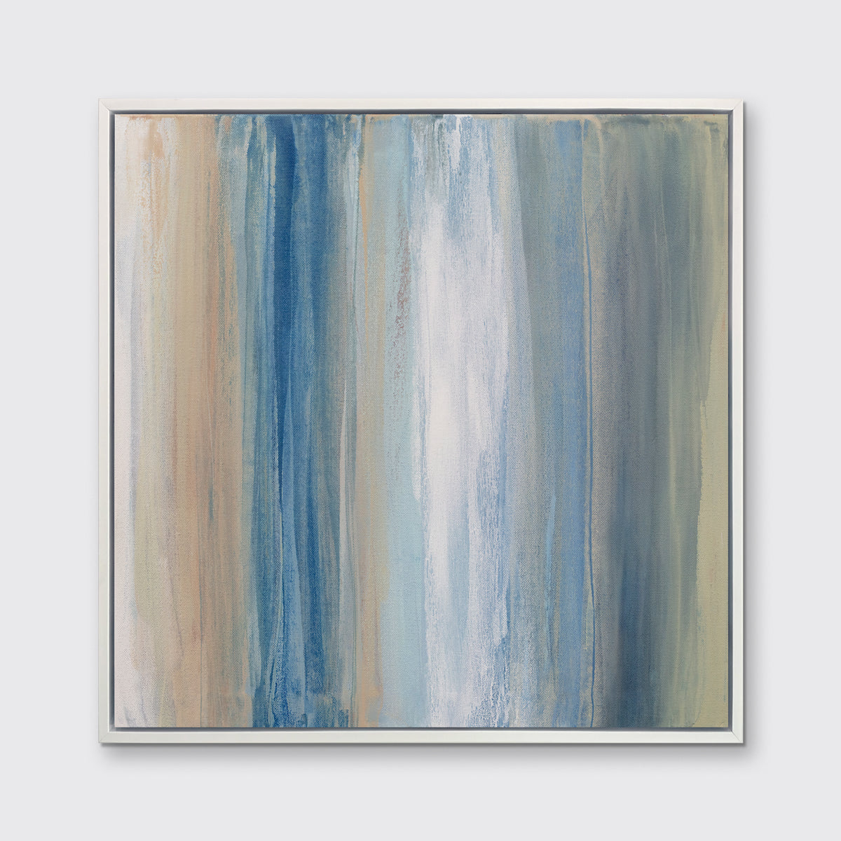 A blue, white, orange and grey abstract print in a white floater frame hangs on a white wall.