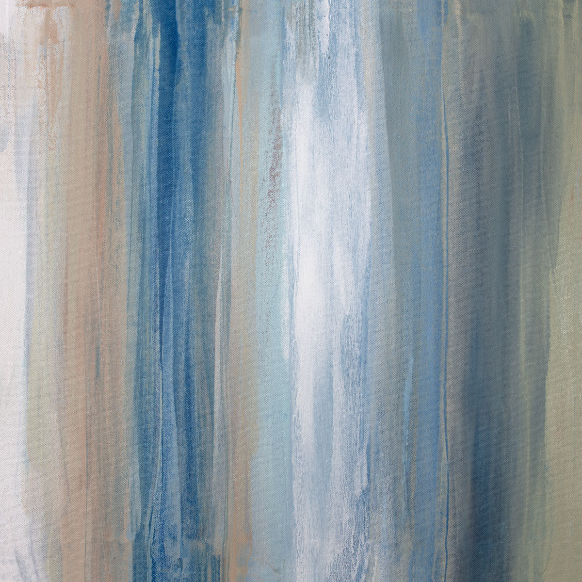Blue, white, and green paint is streaked across a tan canvas. Wired and ready to hang.