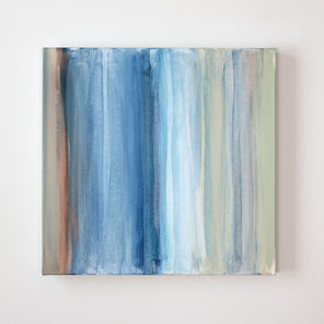  A blue, white, green and tan streaked painting hangs on a wall. Wired and ready to hang.