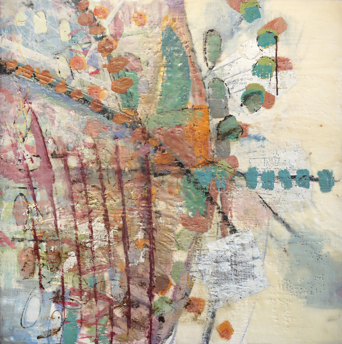 A multicolored abstract print by Linda Bigness. 