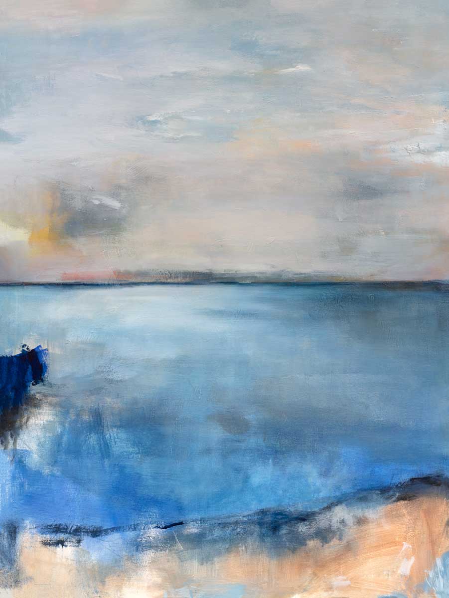 A blue and grey abstract print by Kelly Rossetti with peach and yellow accents.