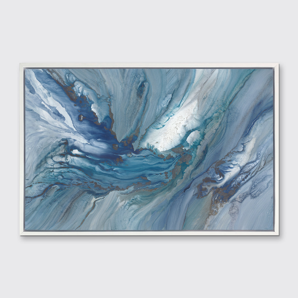 A blue, teal and white abstract print in a white floater frame hangs on white wall.