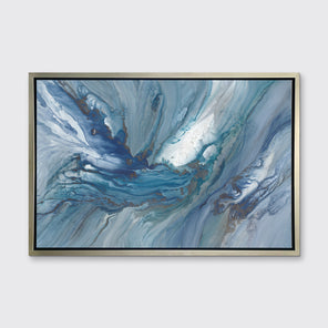 A blue, teal and white abstract print in a silver floater frame hangs on white wall.