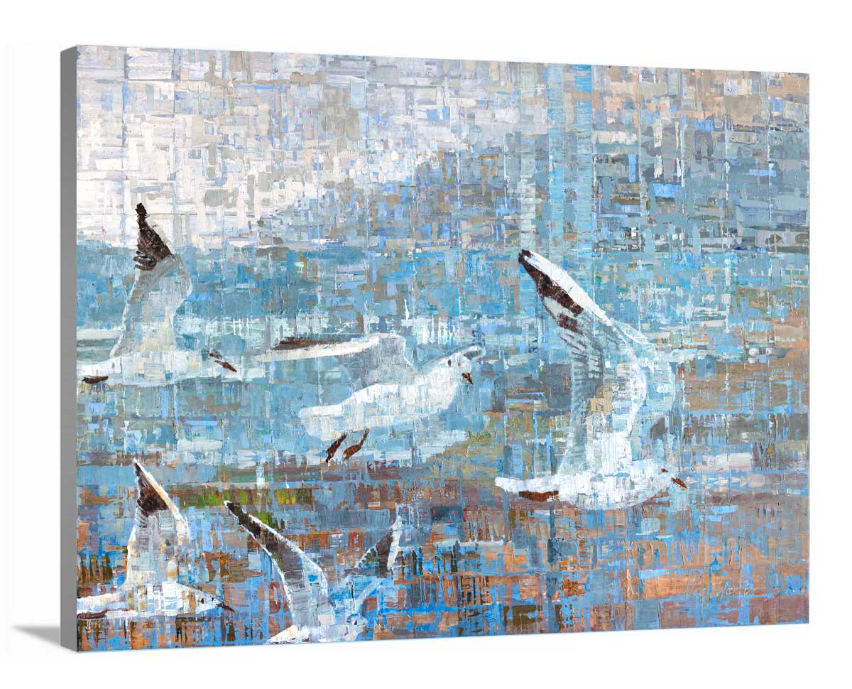 A side-angle view of a teal and white geometric abstract print of birds flying together on canvas.