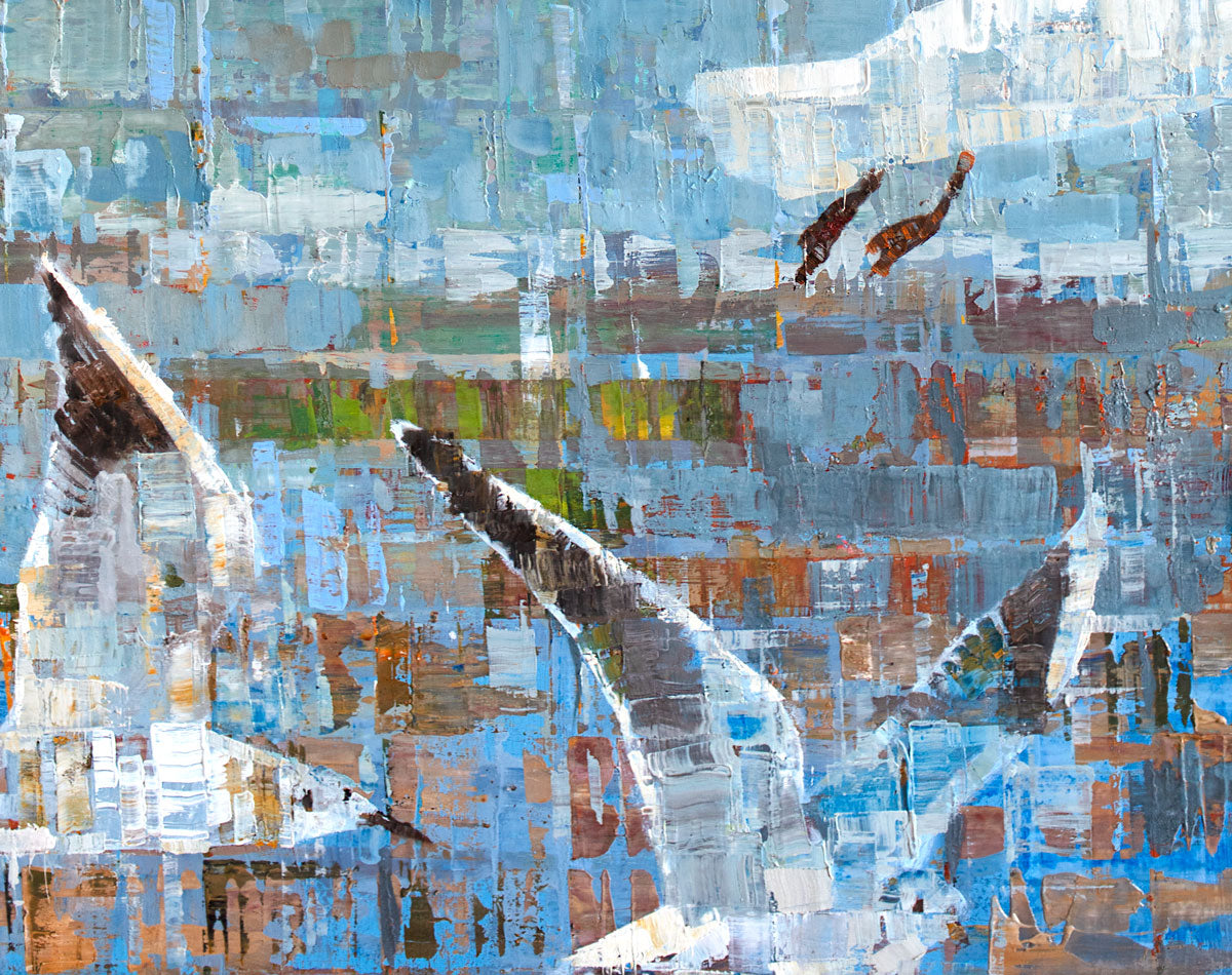 A detail shot of a  painting on recycled metal print plates depicting seagulls in flight.