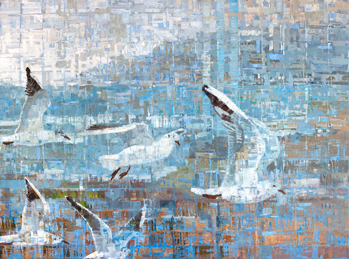 A painting on recycled metal print plates depicting seagulls in flight.