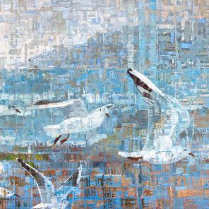 A painting on recycled metal print plates depicting seagulls in flight.