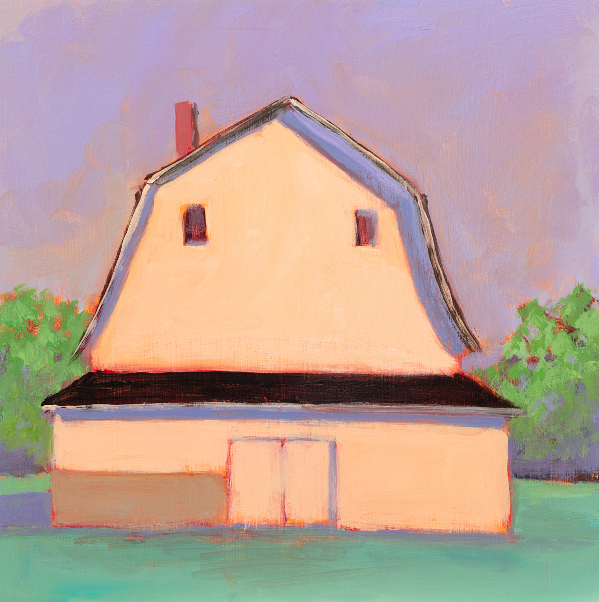 A print of a light orange barn, a lavender sky, green bushes and a teal ground by Carol Young.