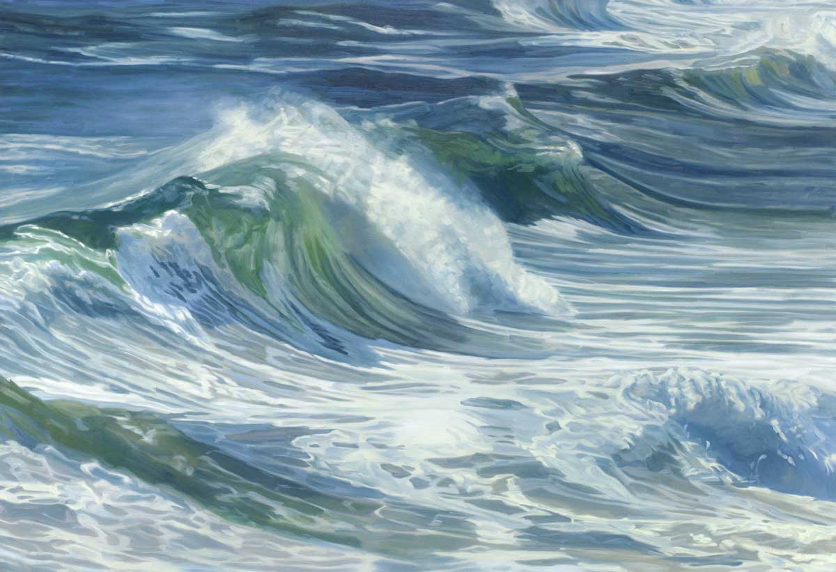 Blue waves roll over and over in the ocean in this print, the crest of white with the breaks in the water, foam is all around.
