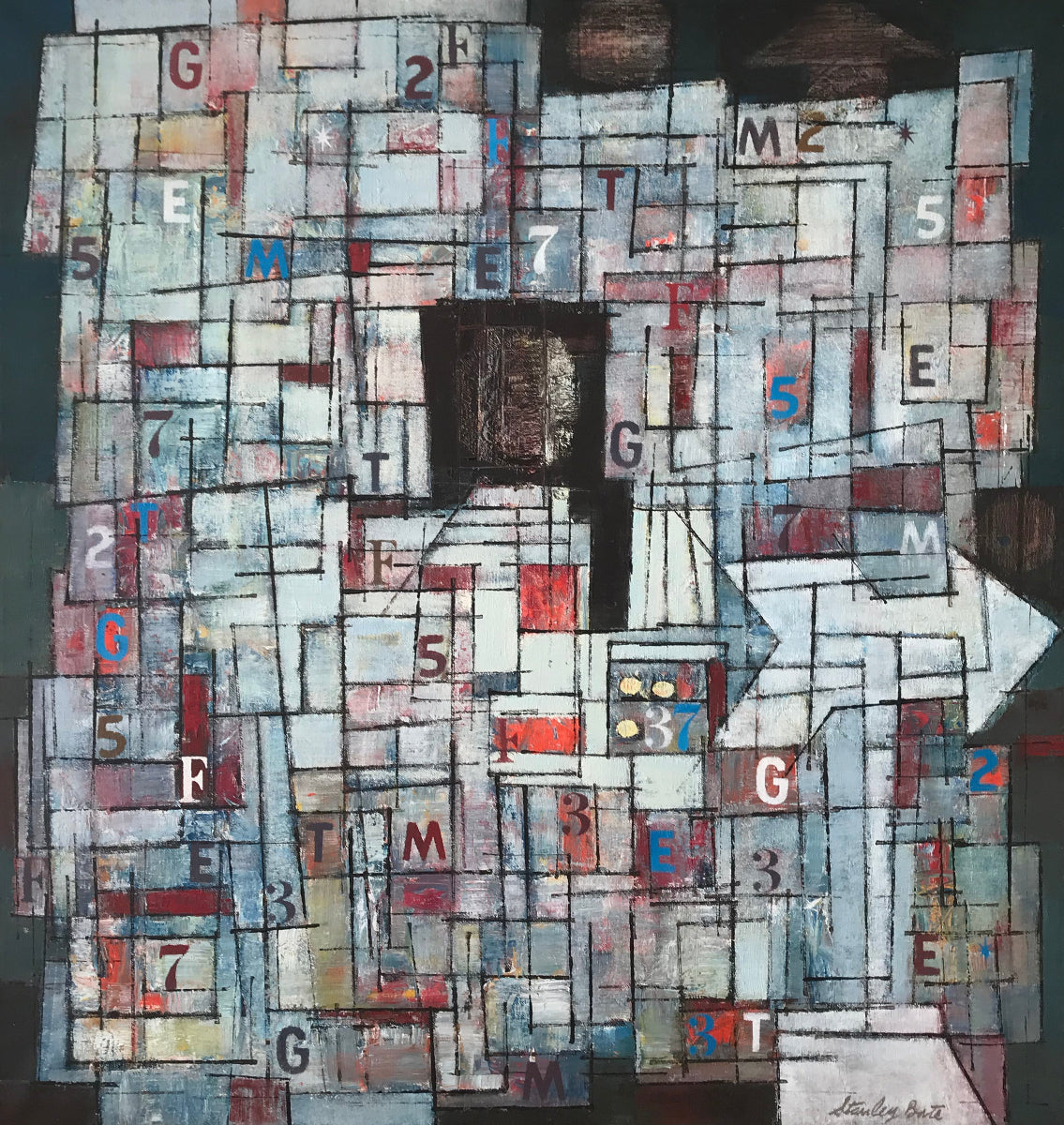 An abstract geometric artwork featuring various colors on a dark background.