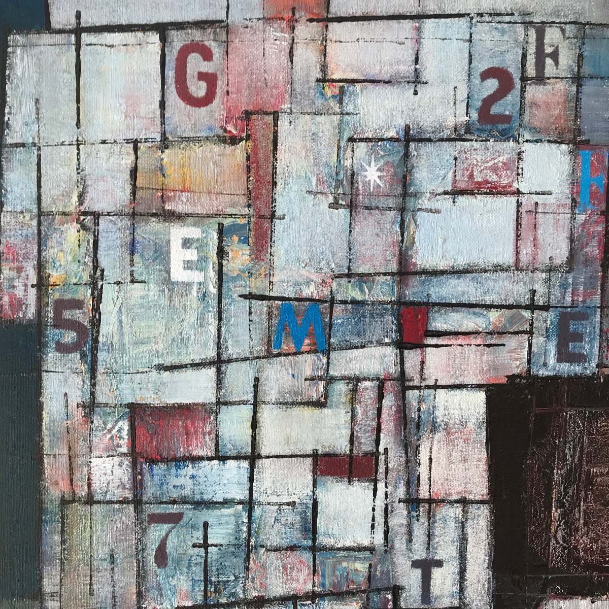 Abstract artwork with geometric shapes and letters on a textured background