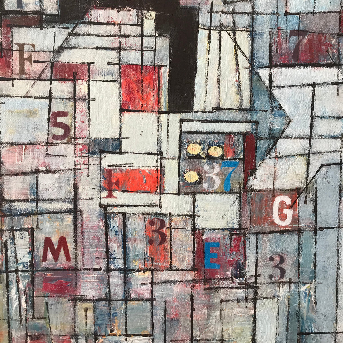 Abstract artwork with geometric shapes, numbers, and letters on a textured background