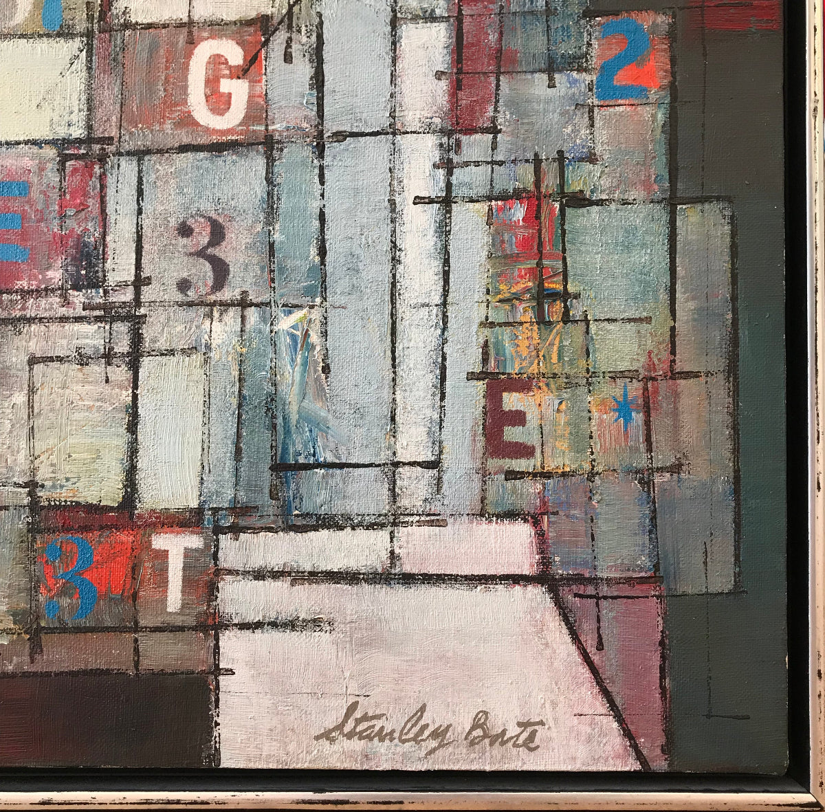Abstract artwork with geometric shapes and text by Stanley Bate