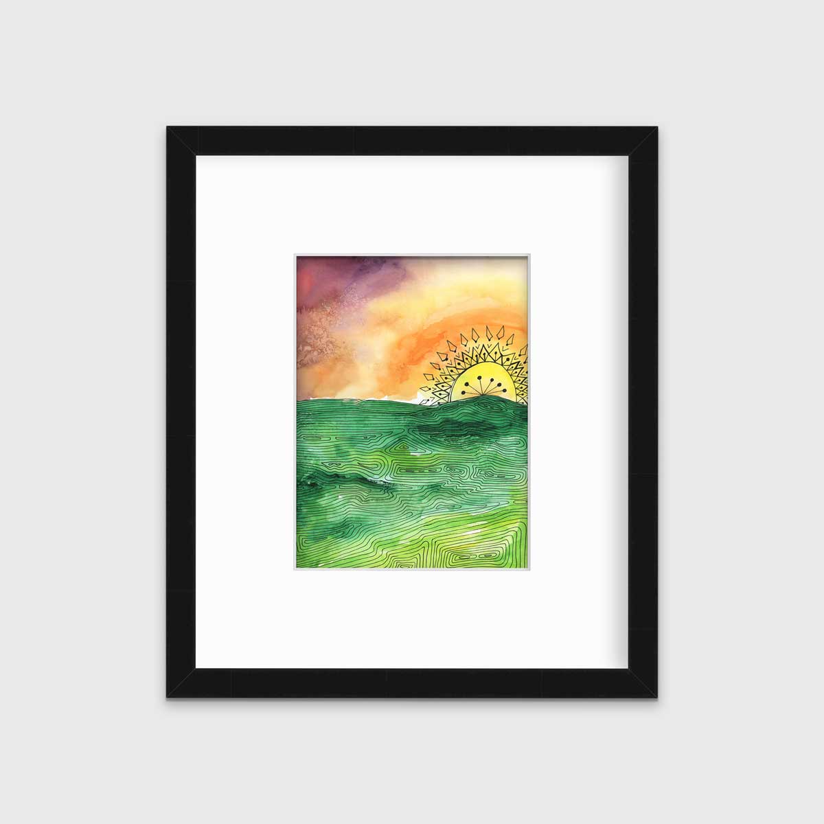 A multicolored abstract landscape print in a black frame with a mat hangs on a white wall.