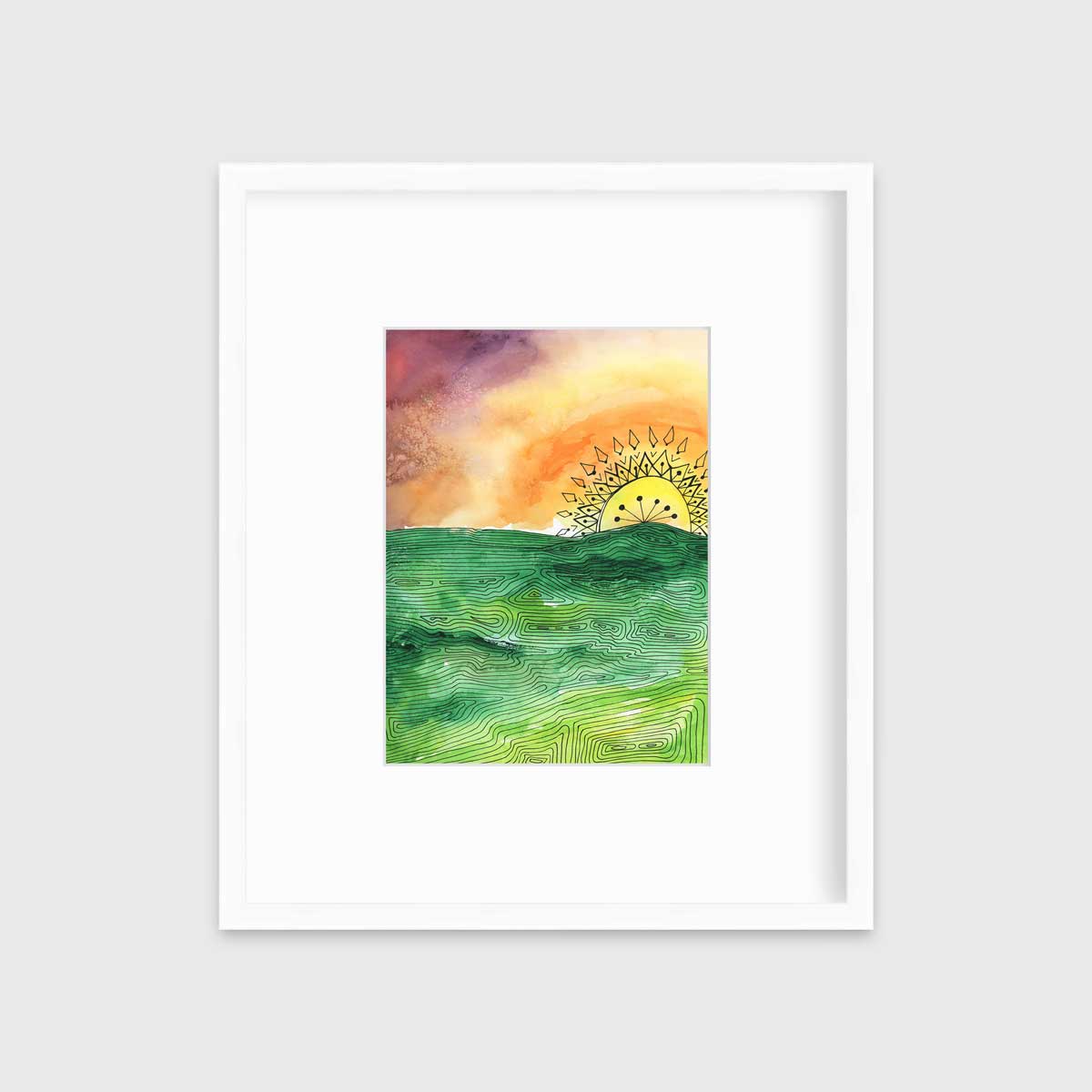 A multicolored abstract landscape print in a white frame with a mat hangs on a white wall.