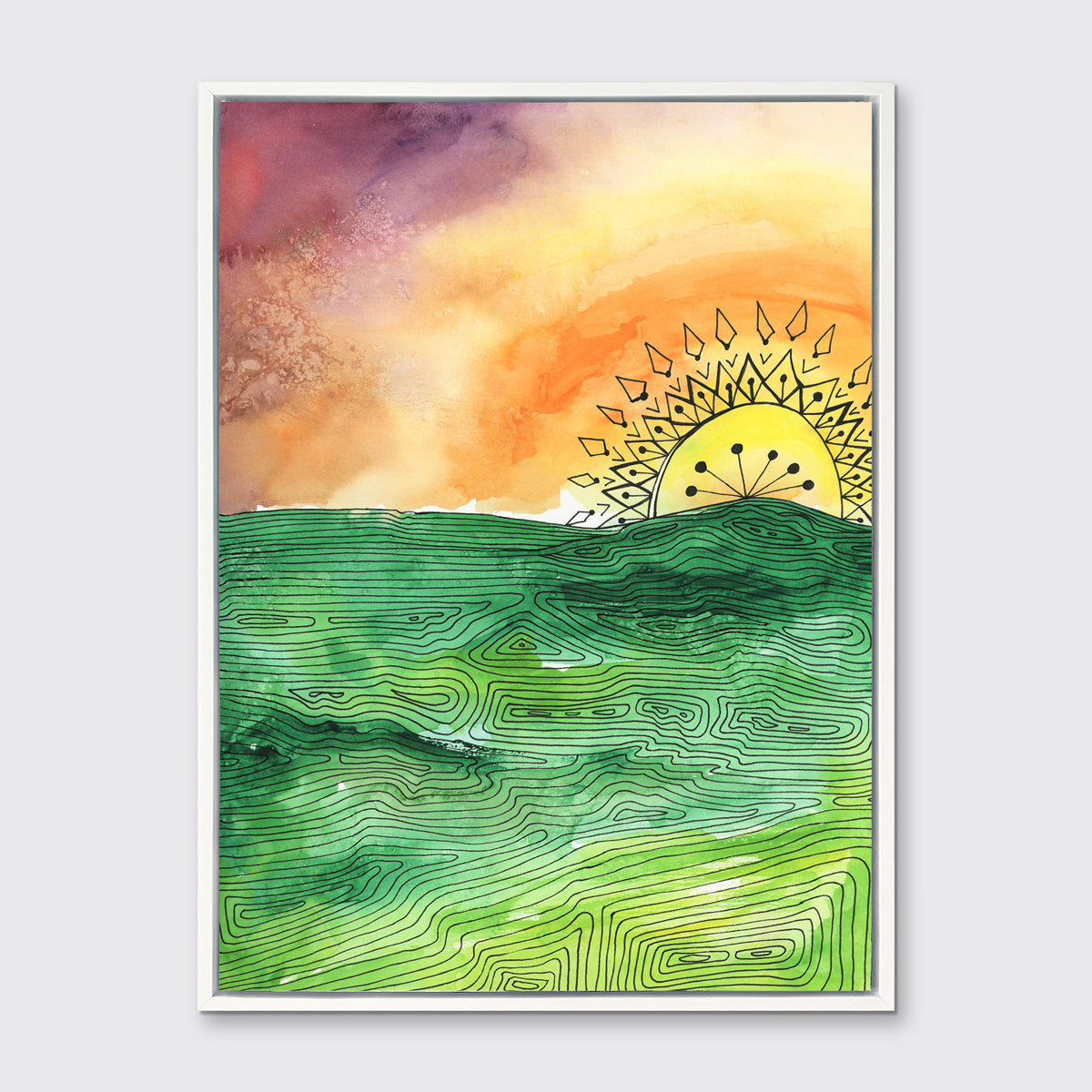 A multicolored abstract landscape print in a white floater frame hangs on a white wall.
