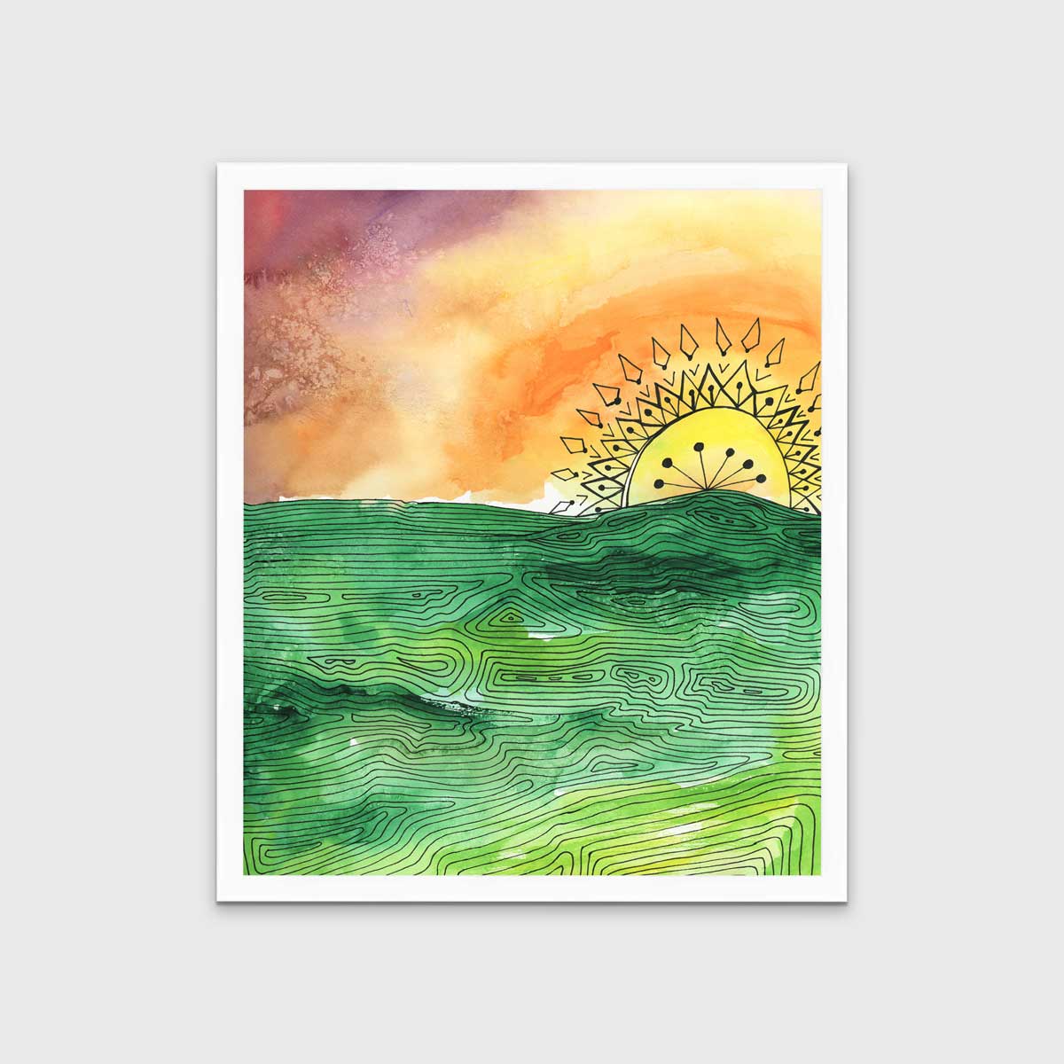 A multicolored abstract landscape print in an unmatted white frame hangs on a white wall.