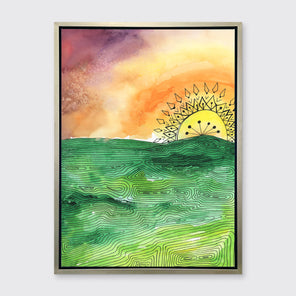 A multicolored abstract landscape print in a silver floater frame hangs on a white wall.
