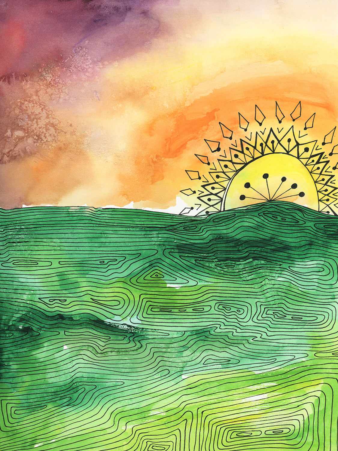 A multicolored abstract landscape print by Melissa Kircher.